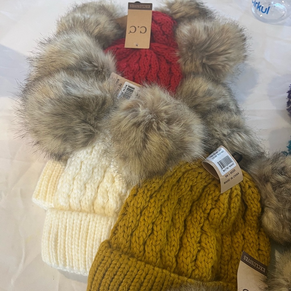 C.C women’s and kids Knit Pom Pom Beanie Set - Red, Cream, Yellow